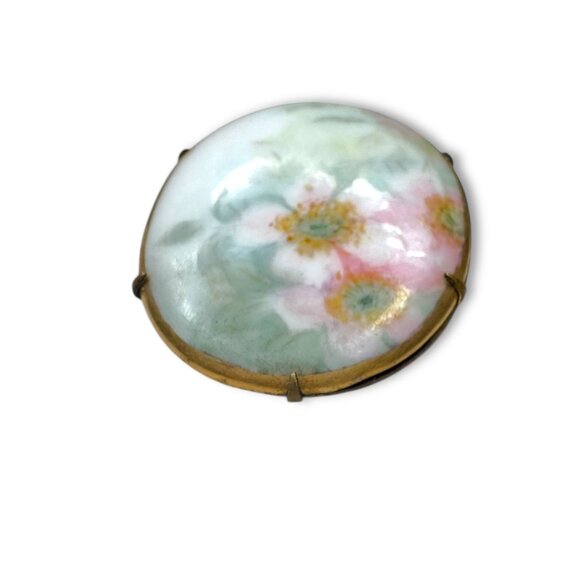 Antique Porcelain Cherry Blossom Brass Brooch - Picture 3 of 6